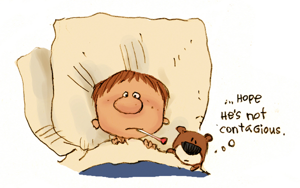 cartoon child sick in bed with his bear